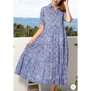 Dizzy Lizzie Palm Desert Long Dress Blue Criss Cross Little Boxes 100% Cotton S